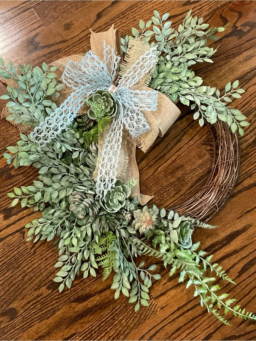 Green Succulent & Burlap Grapevine Wreath with Lace Bow